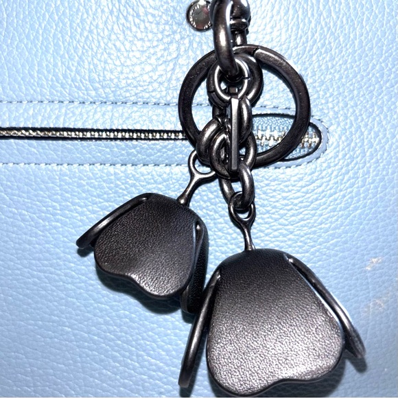 Coach Black Leather Floral Tea Rose Keychain Bag Charm - Picture 5 of 11